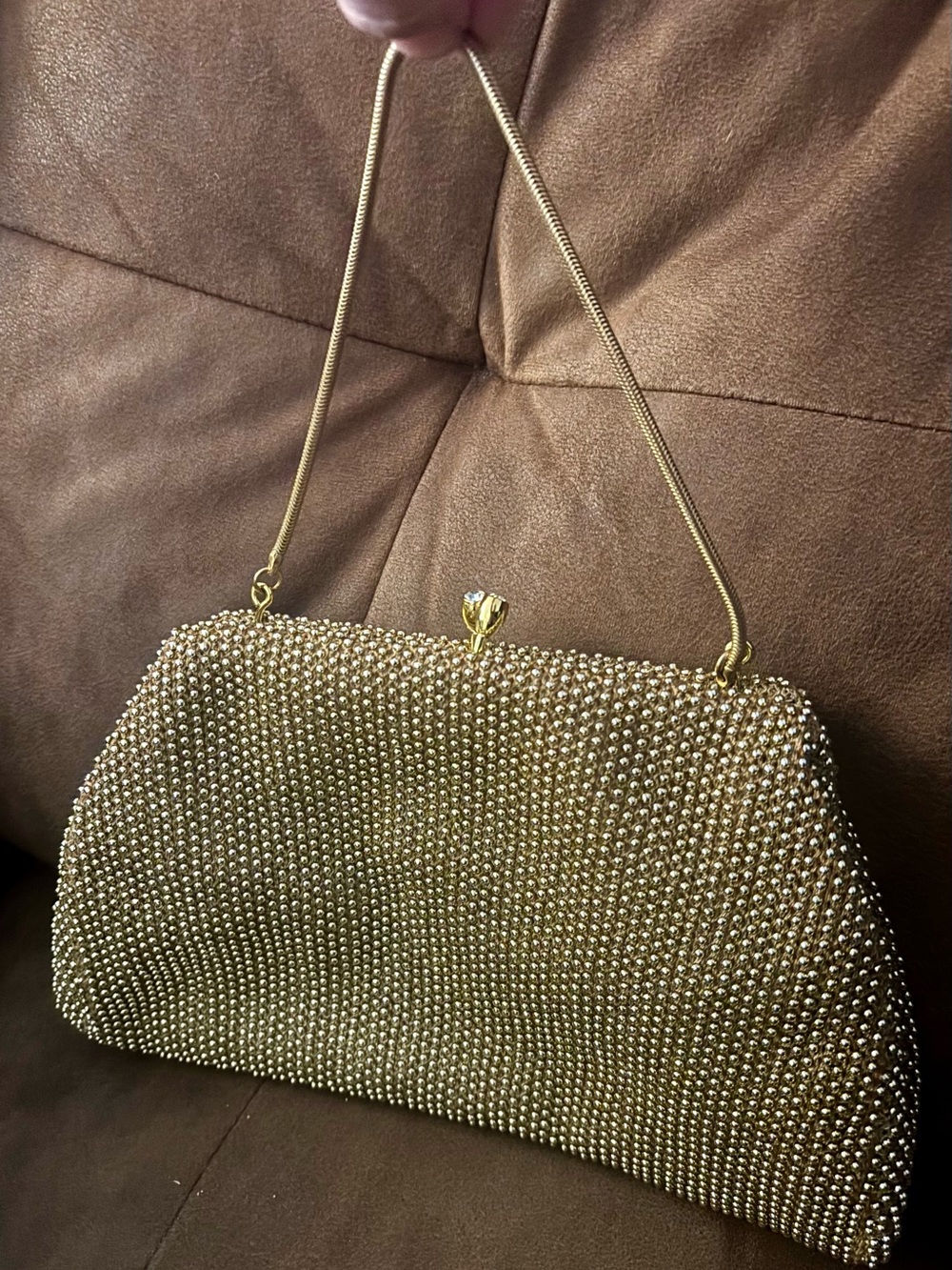 Gold Crystal Beaded Evening Clutch with Top Handle